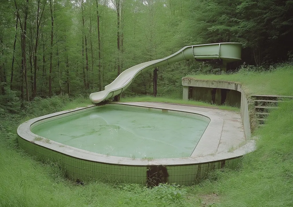 Imaginary abandoned training pool and water slide
